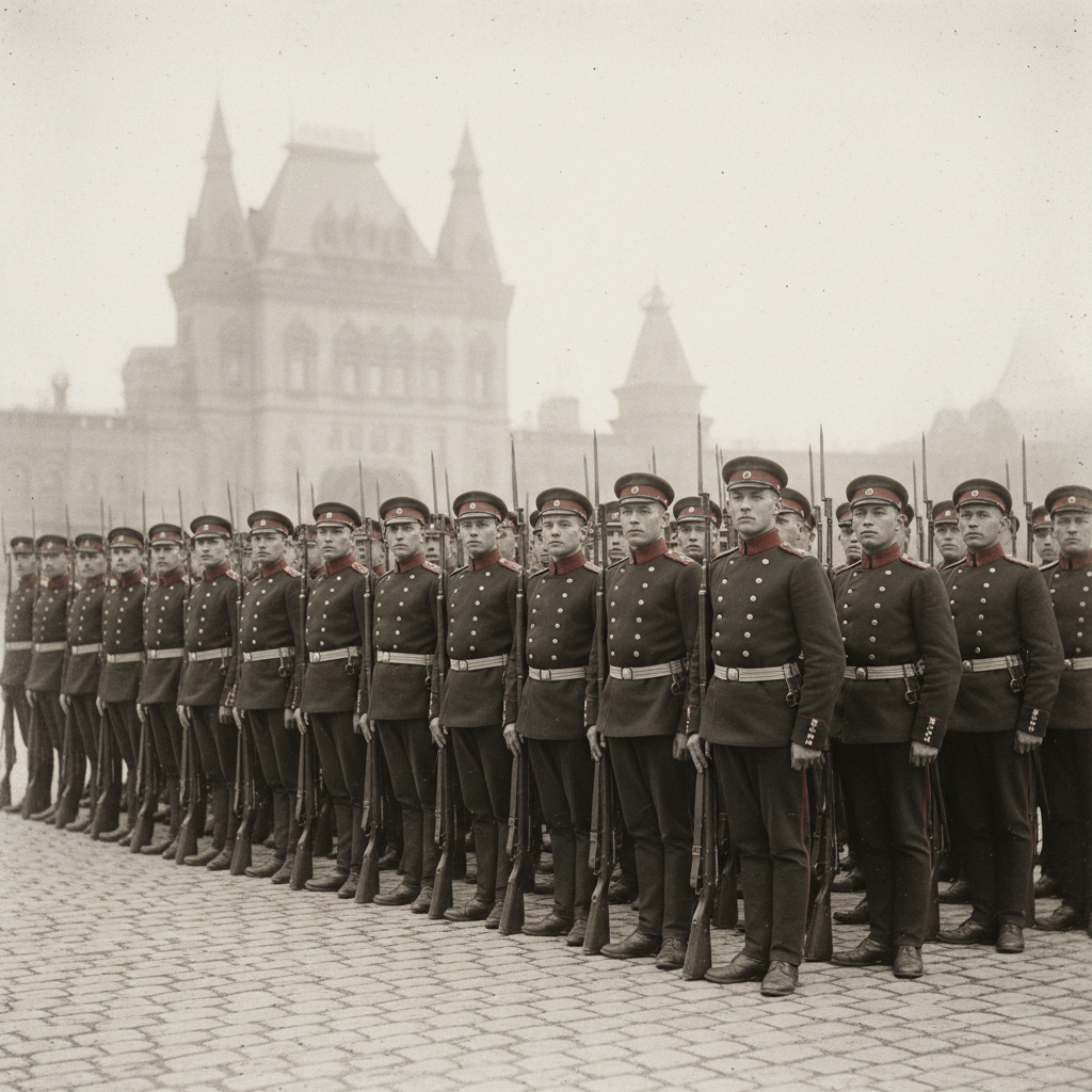 Russian Imperial Army soldiers late 19th century standing in formation, wearing dark green uniforms, vintage photorealistic style