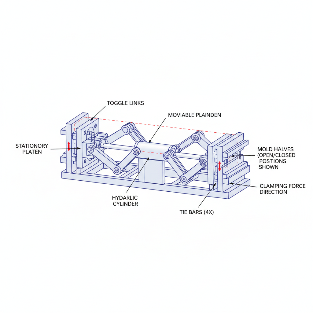 Diagram of a toggle clamping mechanism for injection molding, clear technical drawing style, white background