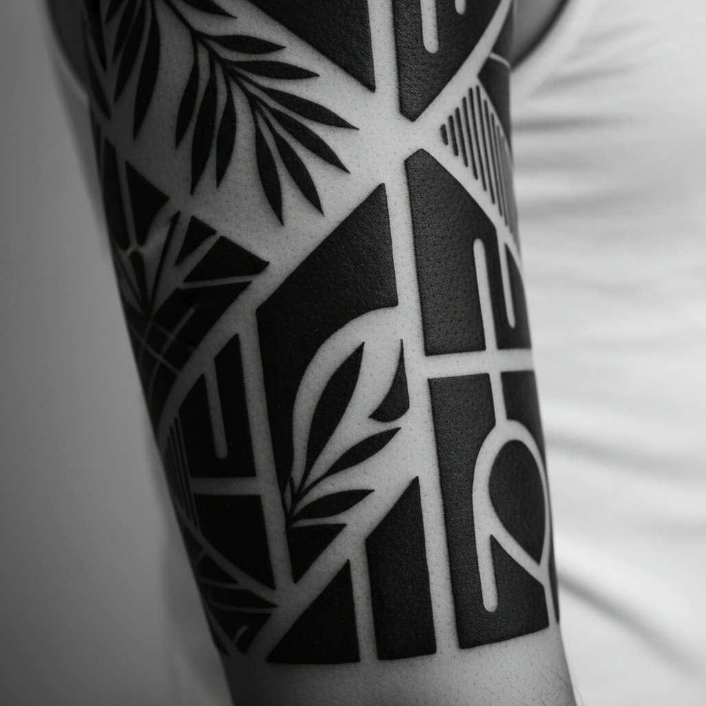 Macro shot of a high contrast blackwork tattoo with clear negative space, distinct from a distance, monochrome photography