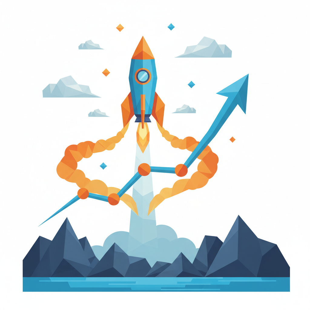 Rocket ship launching with smoke trails forming a graph going up, low poly style, orange and blue
