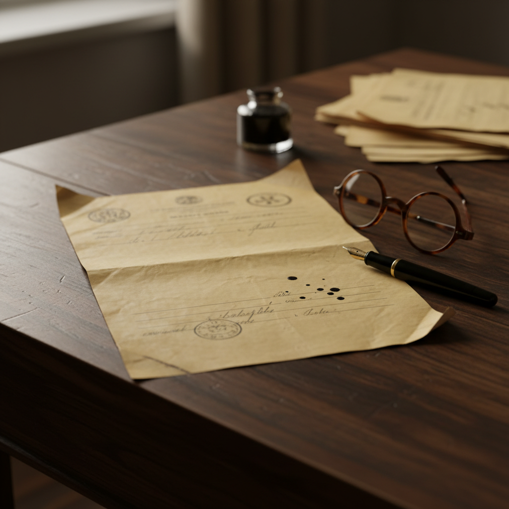 realistic photo of a vintage volleyball official document or protocol from the 1950s on a wooden desk, fountain pen, glasses, atmosphere of bureaucracy and sports history