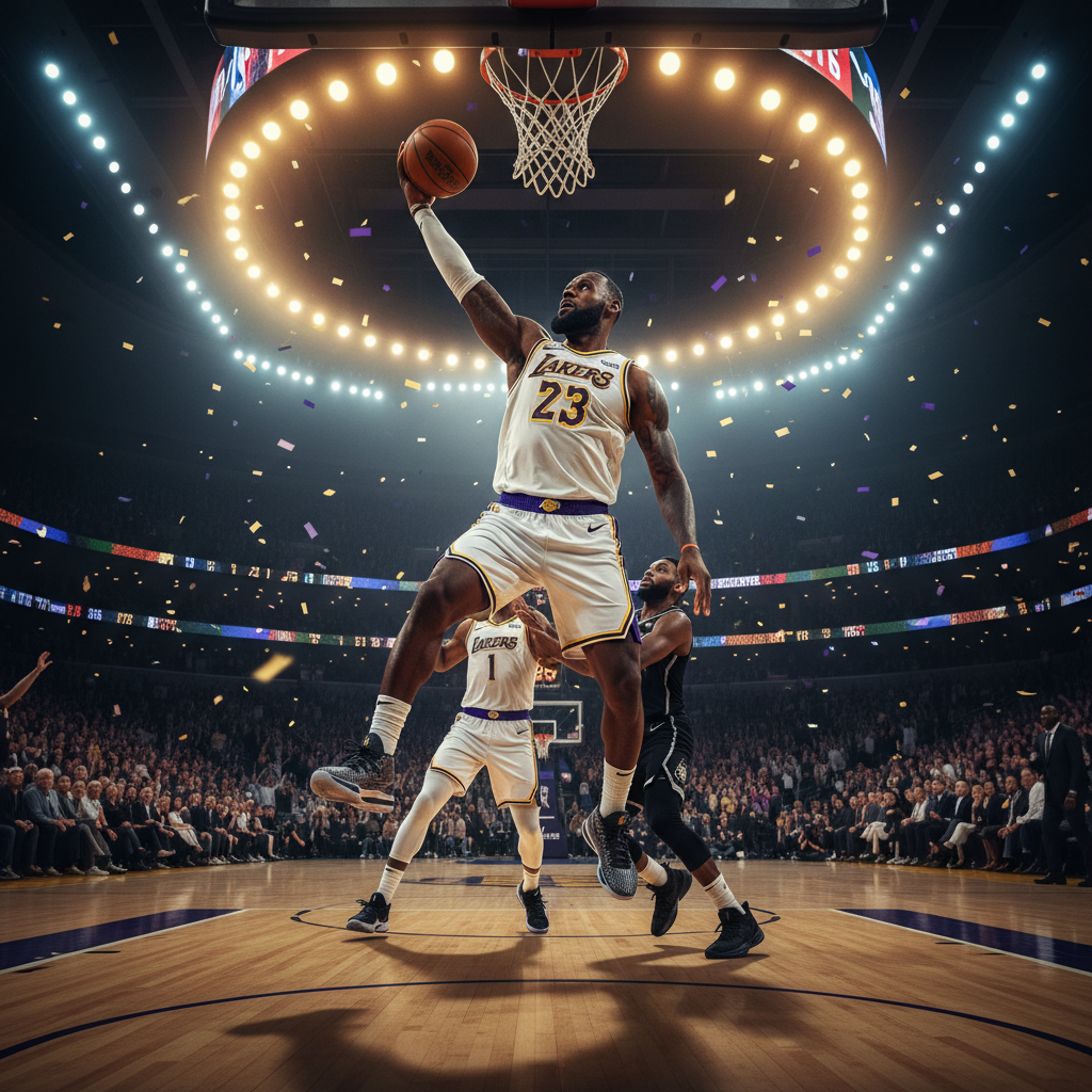 LeBron James driving to the basket for a dunk, powerful athletic pose, cinematic lighting