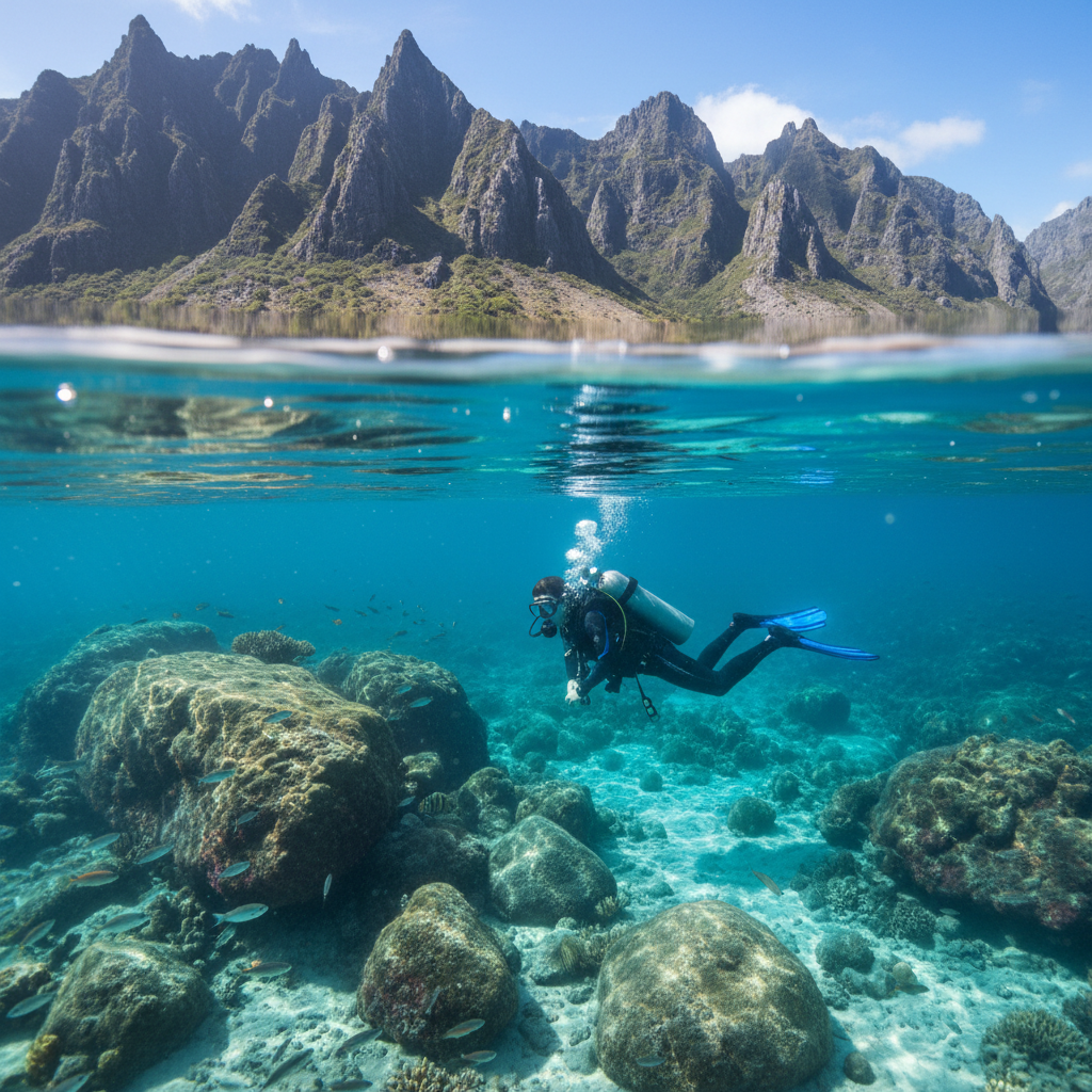 Split underwater shot. Top half shows beautiful mountains and sky, bottom half shows a scuba diver exploring clear blue water with rocks and light beams. High resolution 8k.
