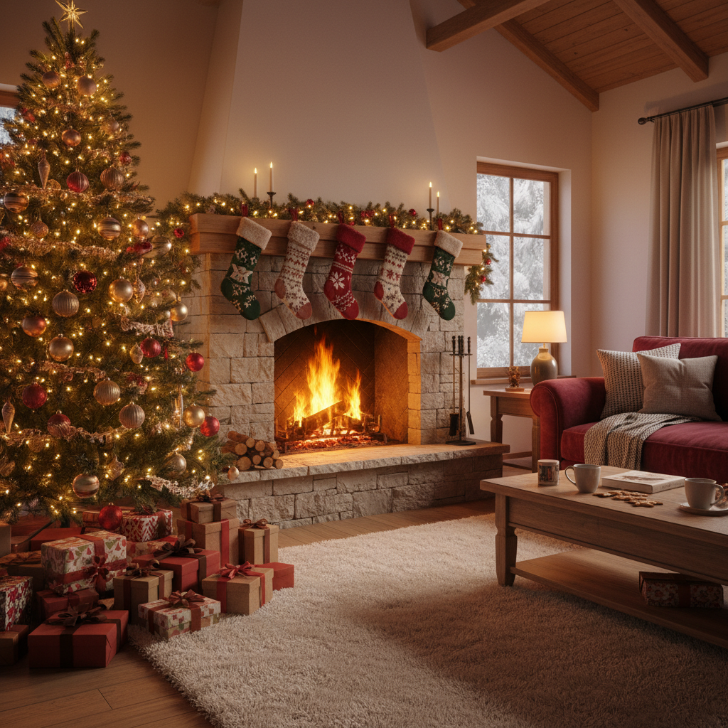 A warm, cinematic living room scene at Christmas with a glowing fireplace, decorated spruce tree, stockings, and wrapped gifts in low light 8k resolution