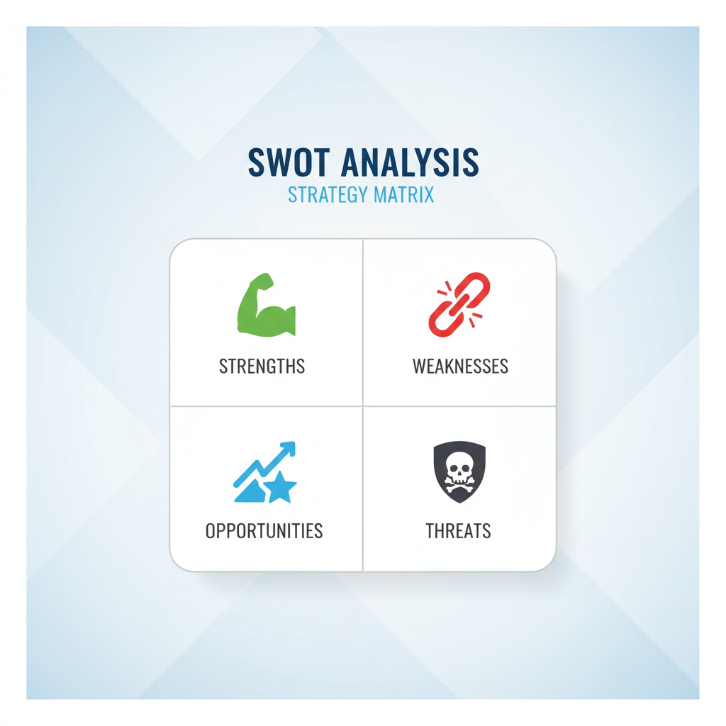 SWOT analysis matrix diagram 2x2 grid, icons for strength weakness opportunity threat, clean business style