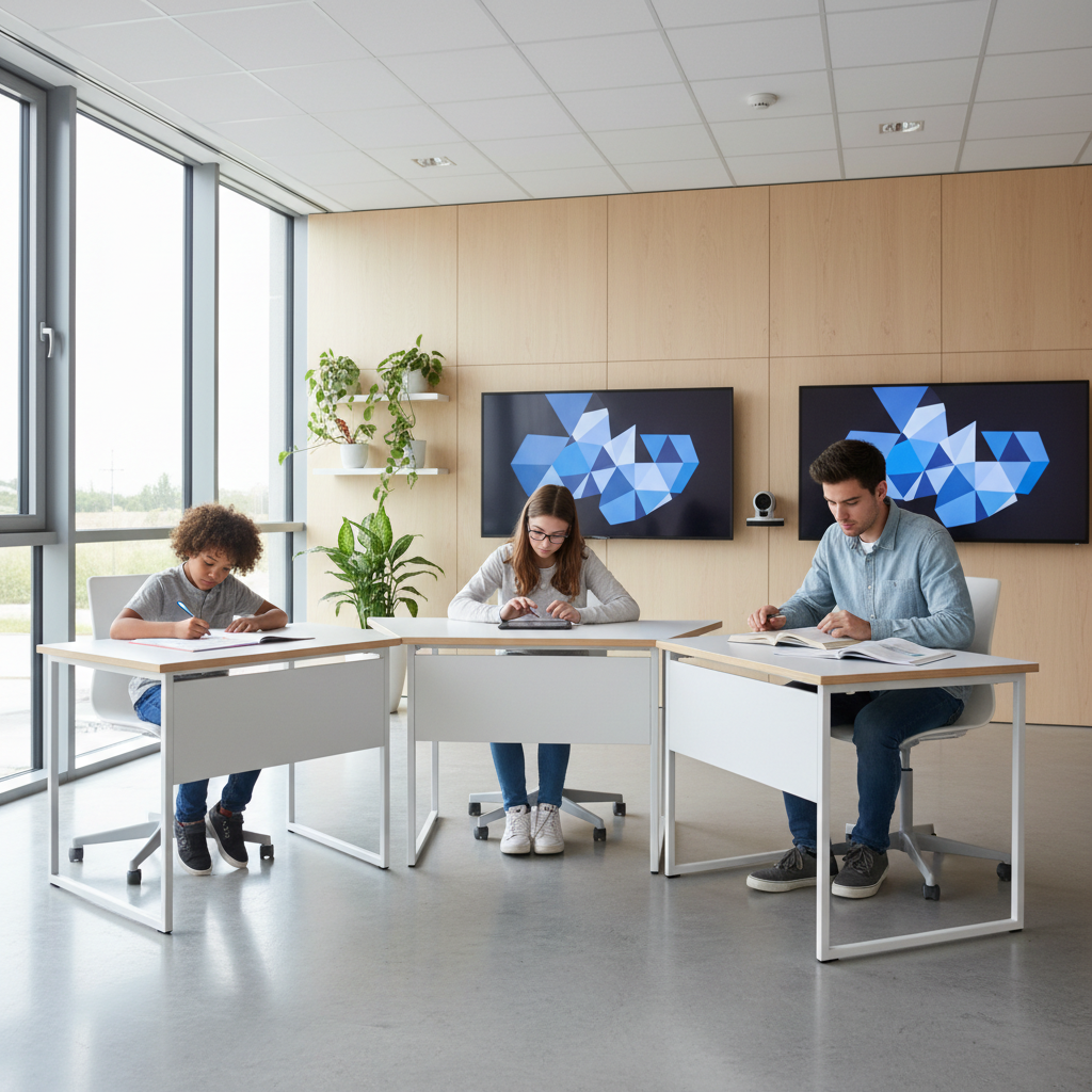 Three students of different ages sitting at desks in a modern classroom, focusing on their studies, bright lighting, education context
