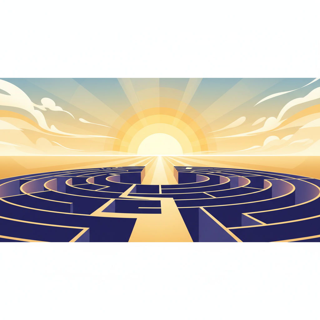 An inspirational semi-flat image of a yellow sunrise at the end of a maze, representing success, hope, and new beginnings.