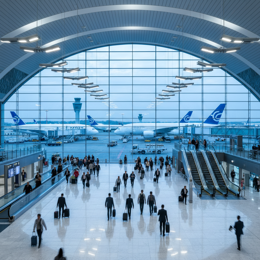 Cinematic photography of a busy modern international airport terminal hall with passengers walking, airplanes visible through huge glass walls, high-tech atmosphere, blue and white professional tones, high quality, 4k
