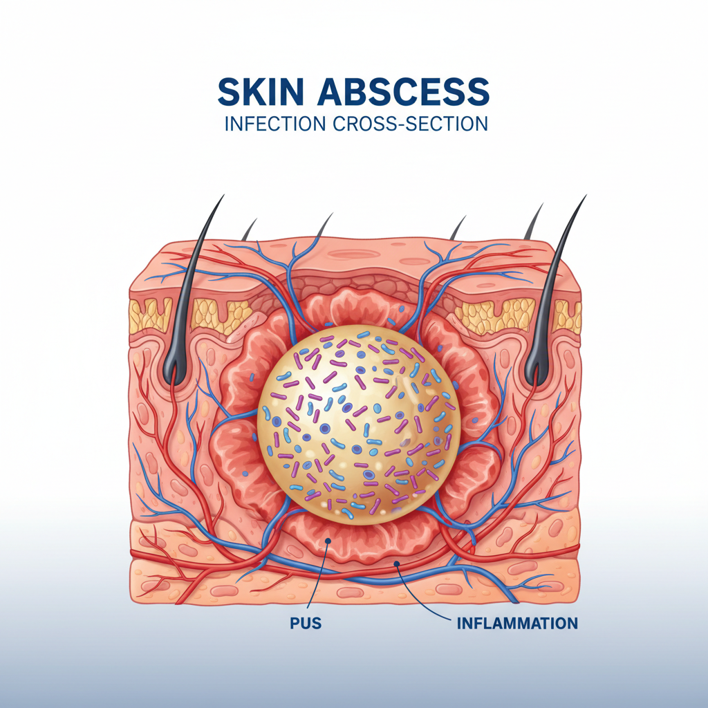 medical illustration of skin abscess infection cross section, clinical style
