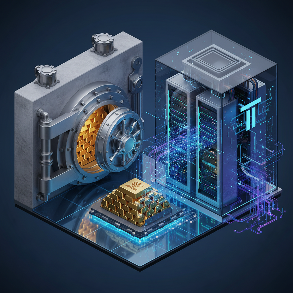 A conceptual digital illustration of a huge bank vault filled with gold bars (representing Sberbank) next to a modern high-tech server room with data streams (representing T-Bank), isometric view, clean style