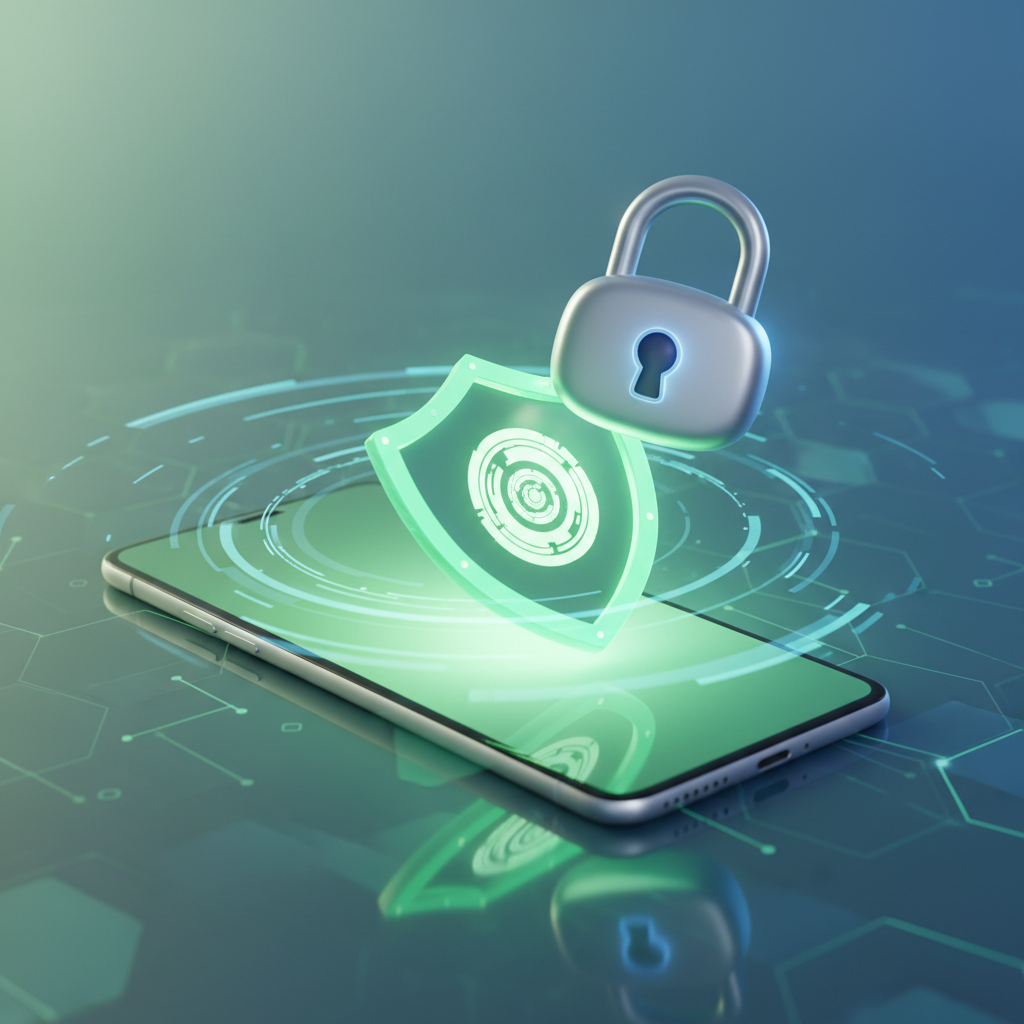 3D render of a smartphone with a glowing green shield symbol on the screen, a cartoon lock icon floating nearby, soft blue and green lighting indicating cyber safety