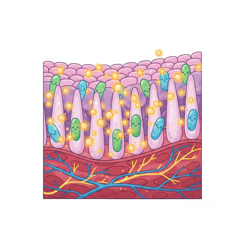 Diagrammatic style illustration of gut wall microvilli with friendly bacteria producing glowing particles representing metabolites, medical schematic