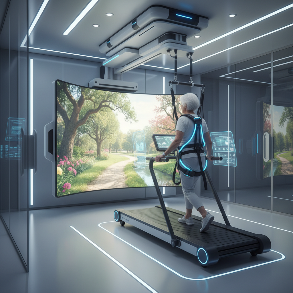 A futuristic yet clinical rehabilitation setting showing an elderly patient walking on a high-tech treadmill with a safety harness, looking at a large screen displaying a virtual park path, representing the merger of physical therapy and virtual reality, soft professional lighting, photorealistic 8k