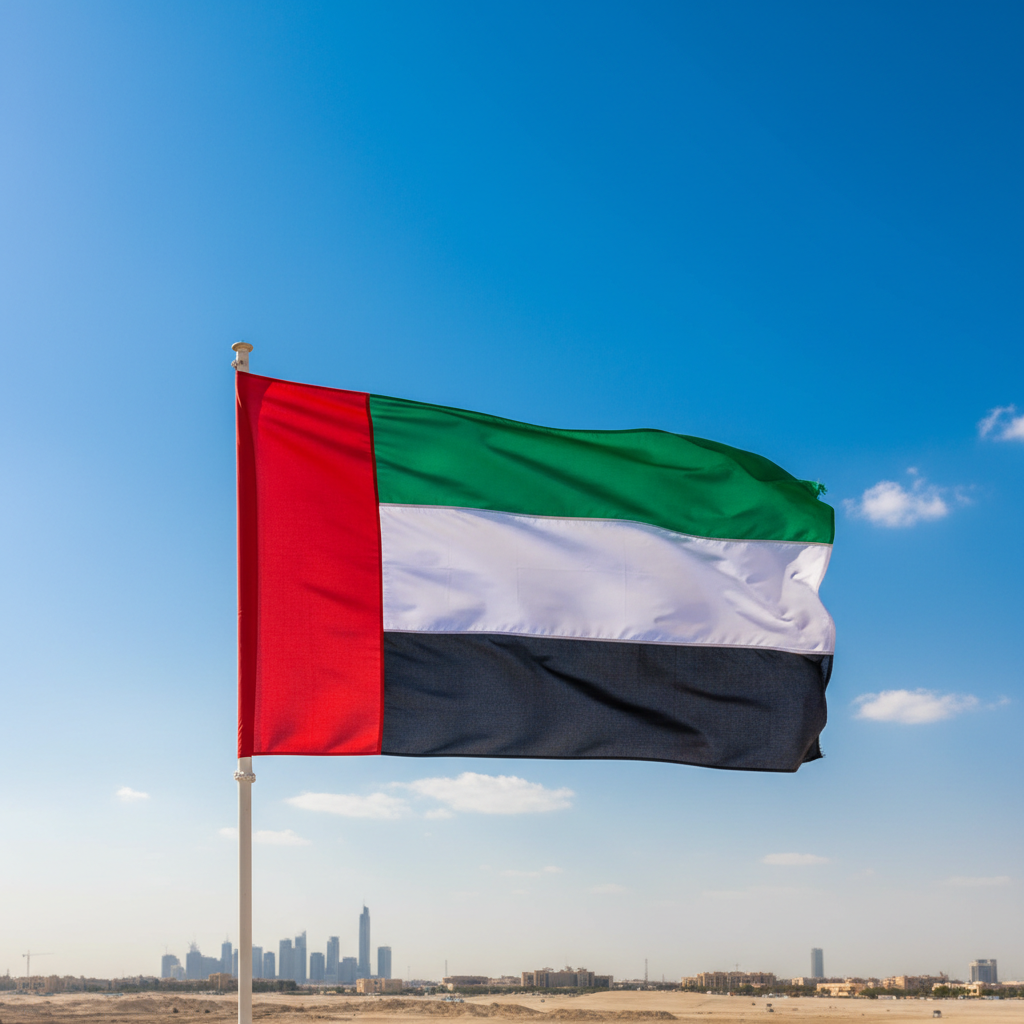 UAE flag flying high in a blue sky, realistic, bright colors