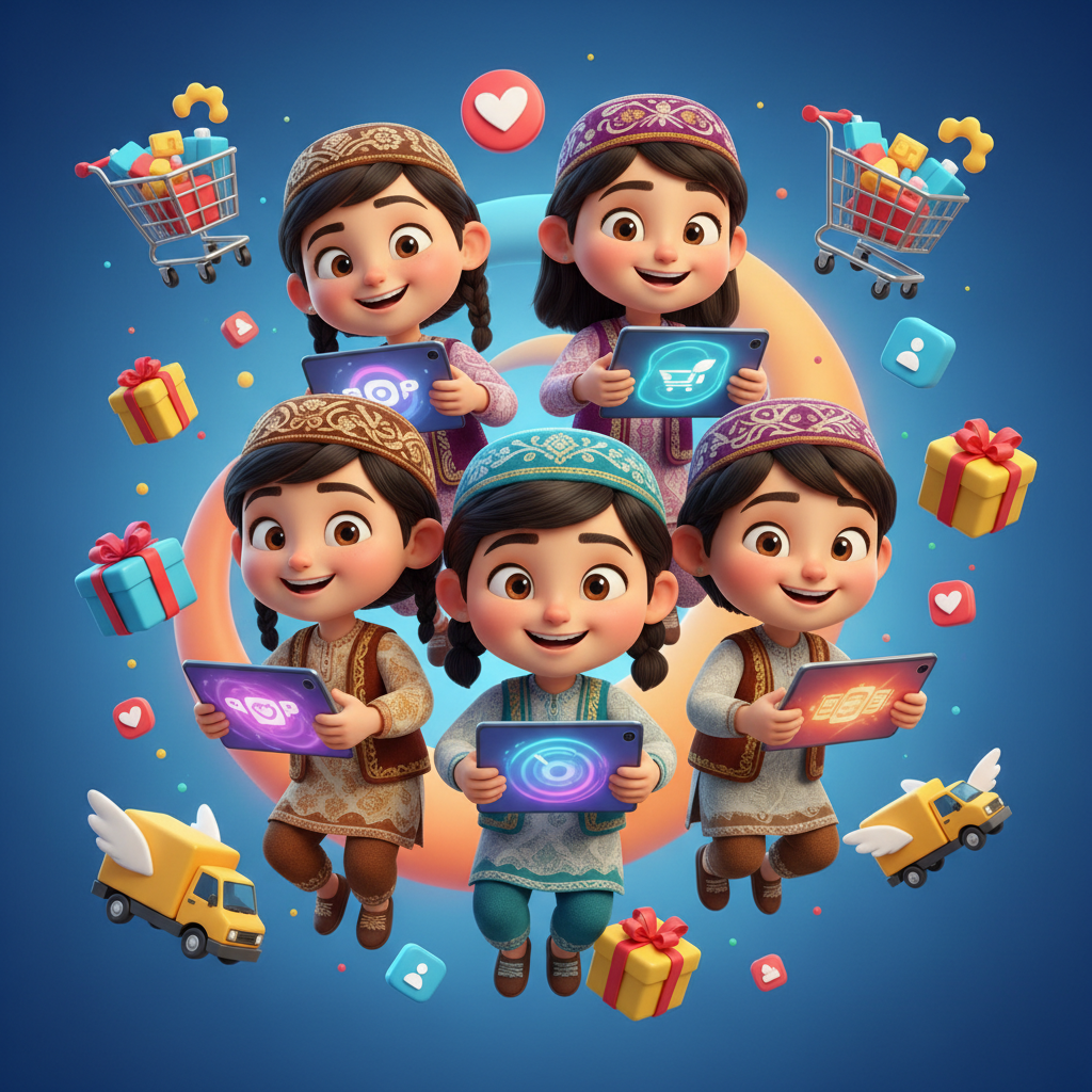 A bright, colorful 3D cartoon render of happy uzbek children holding tablets and smartphones, floating icons of shopping carts, gift boxes, and delivery trucks, blue and orange background, educational and fun style