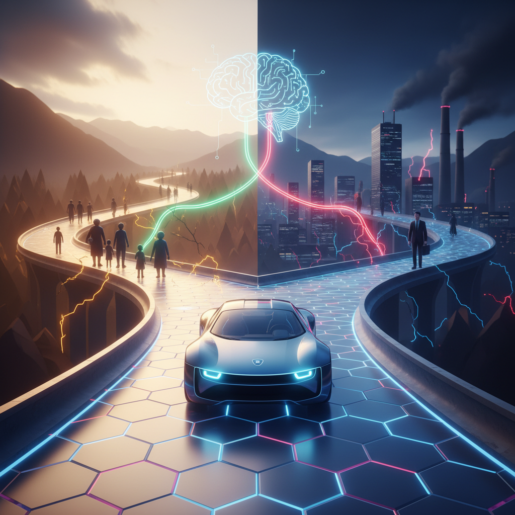 Illustration of a self driving car facing a fork in the road, digital art style, ethical dilemma concept