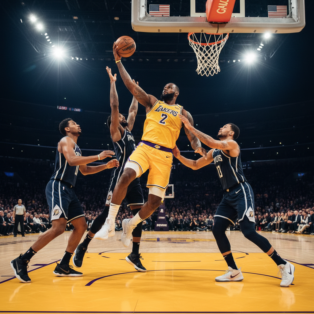 LeBron James driving to the basket against multiple defenders, intense basketball action shot