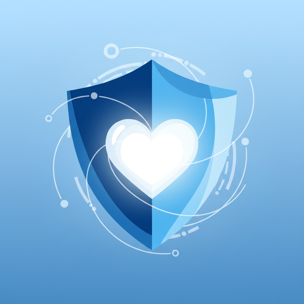 Icon style illustration of a shield protecting a heart, symbolizing preventive care, blue and white professional style
