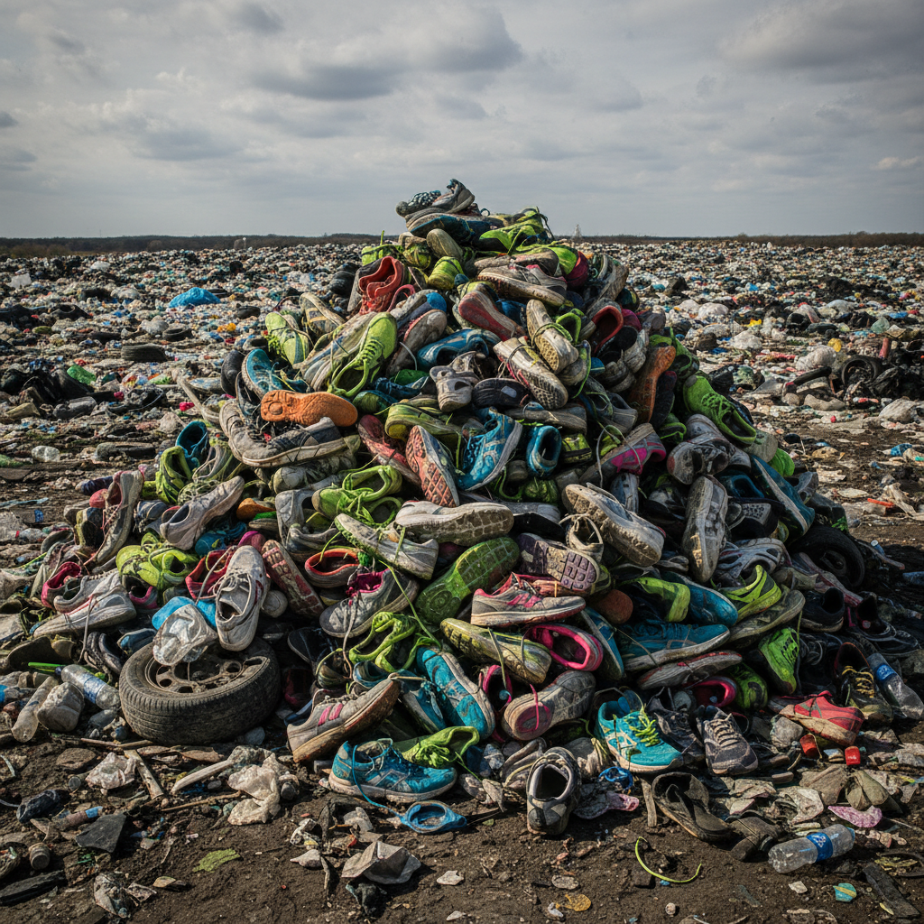 Pile of discarded colorful running shoes in a landfill environment, realistic, high contrast