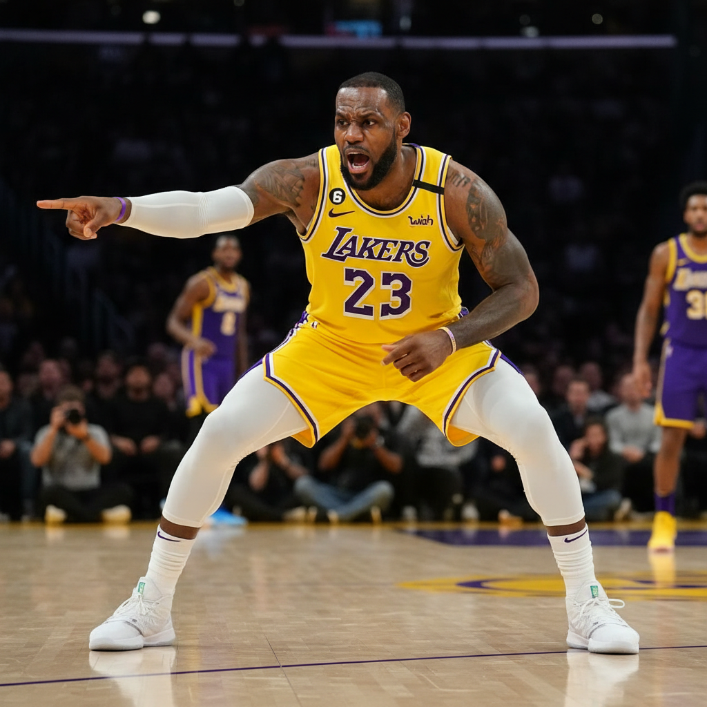LeBron James in low defensive stance, pointing and shouting instructions, Lakers uniform, intense defensive atmosphere, sweat visible