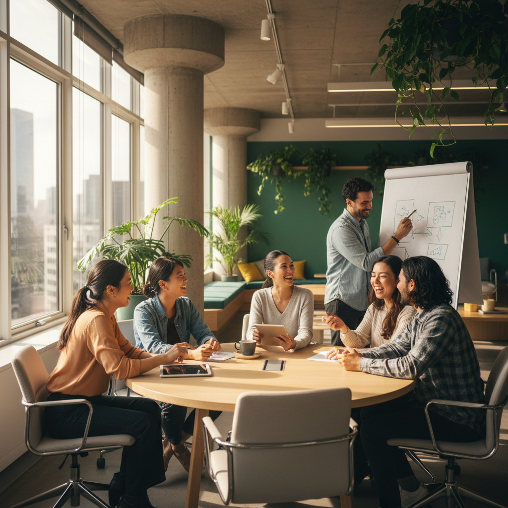 A modern, diverse office team working together happily in a bright, open space, symbolizing collaboration and human connection, photorealistic, warm lighting