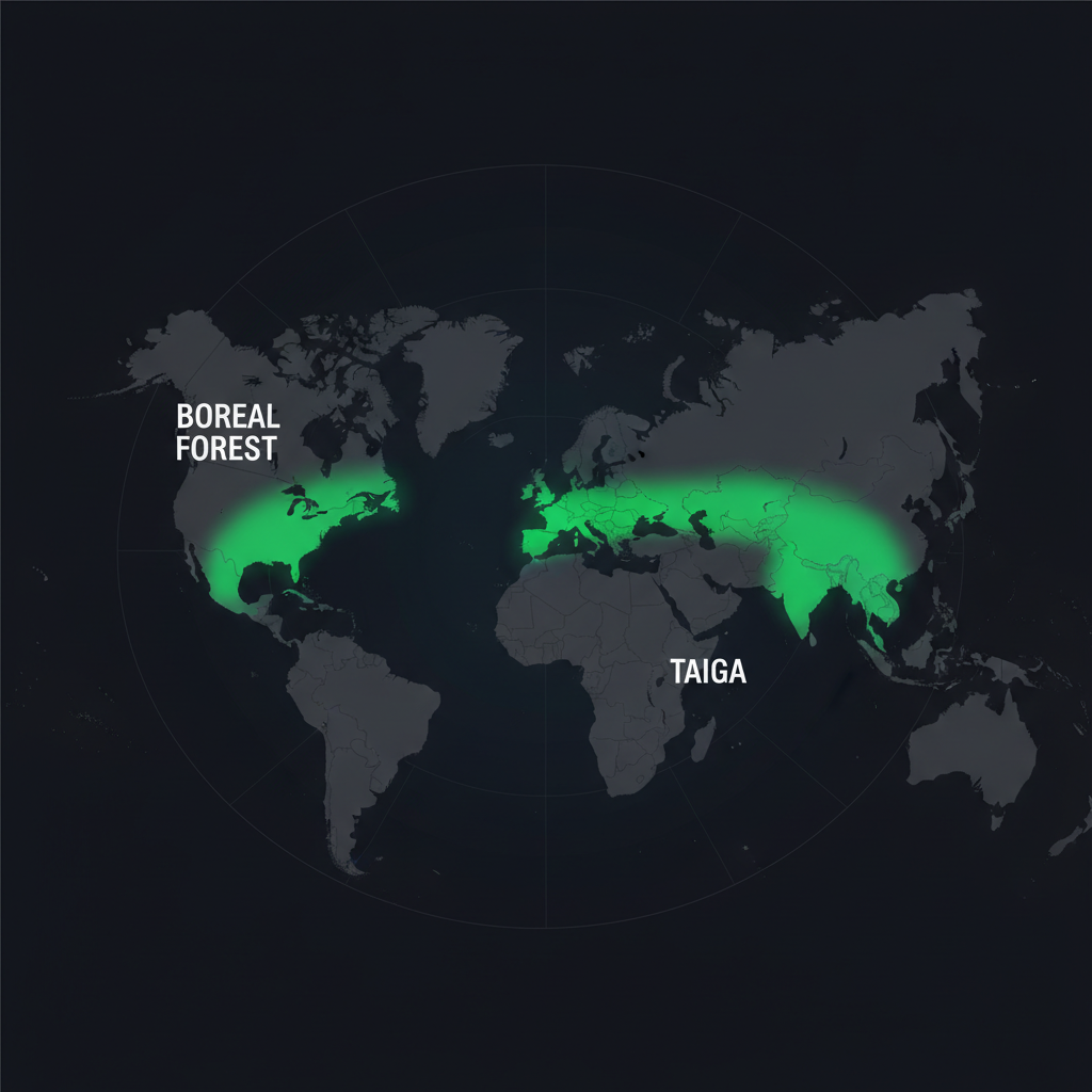 Map of the northern hemisphere highlighting the boreal forest belt across Canada, Scandinavia, and Russia, minimalist data visualization style, dark background, emerald green highlight