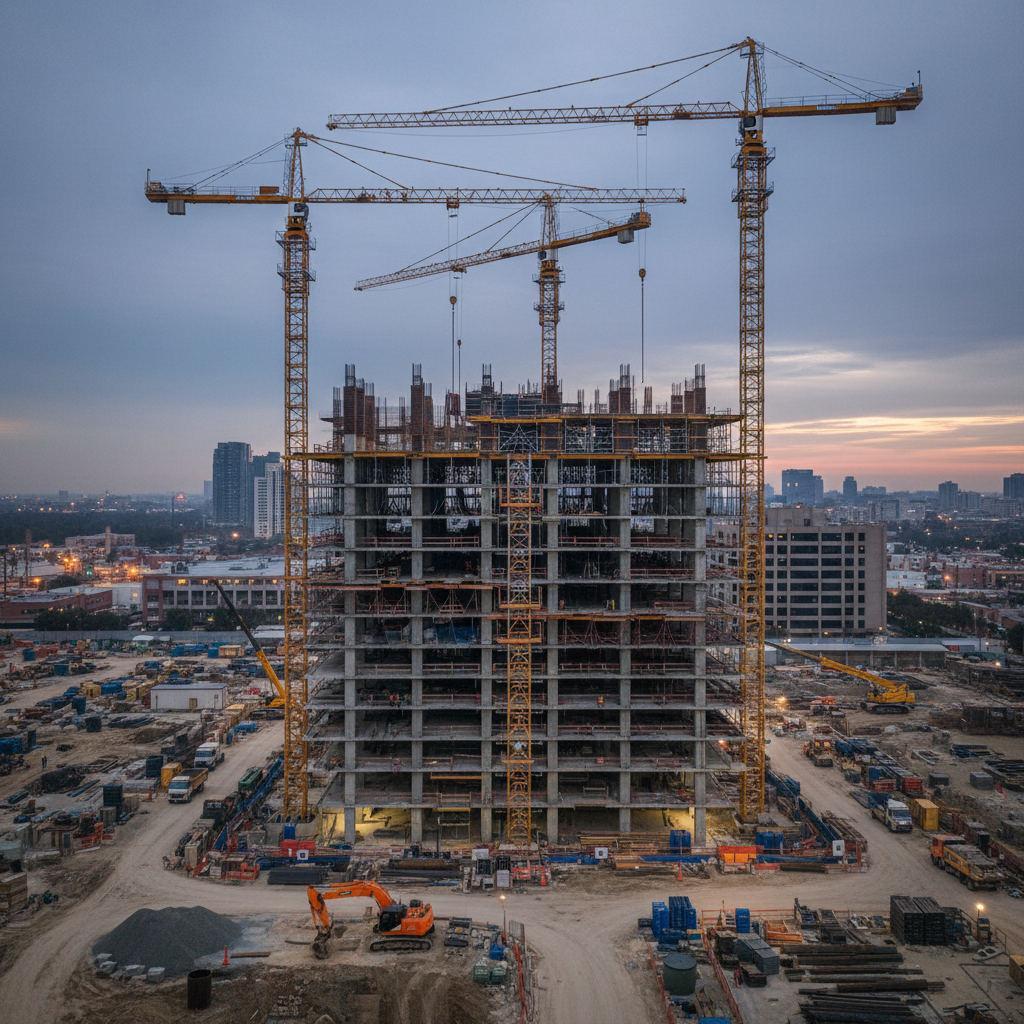 Large industrial construction site with cranes building a tall tower, realistic style, engineering focus