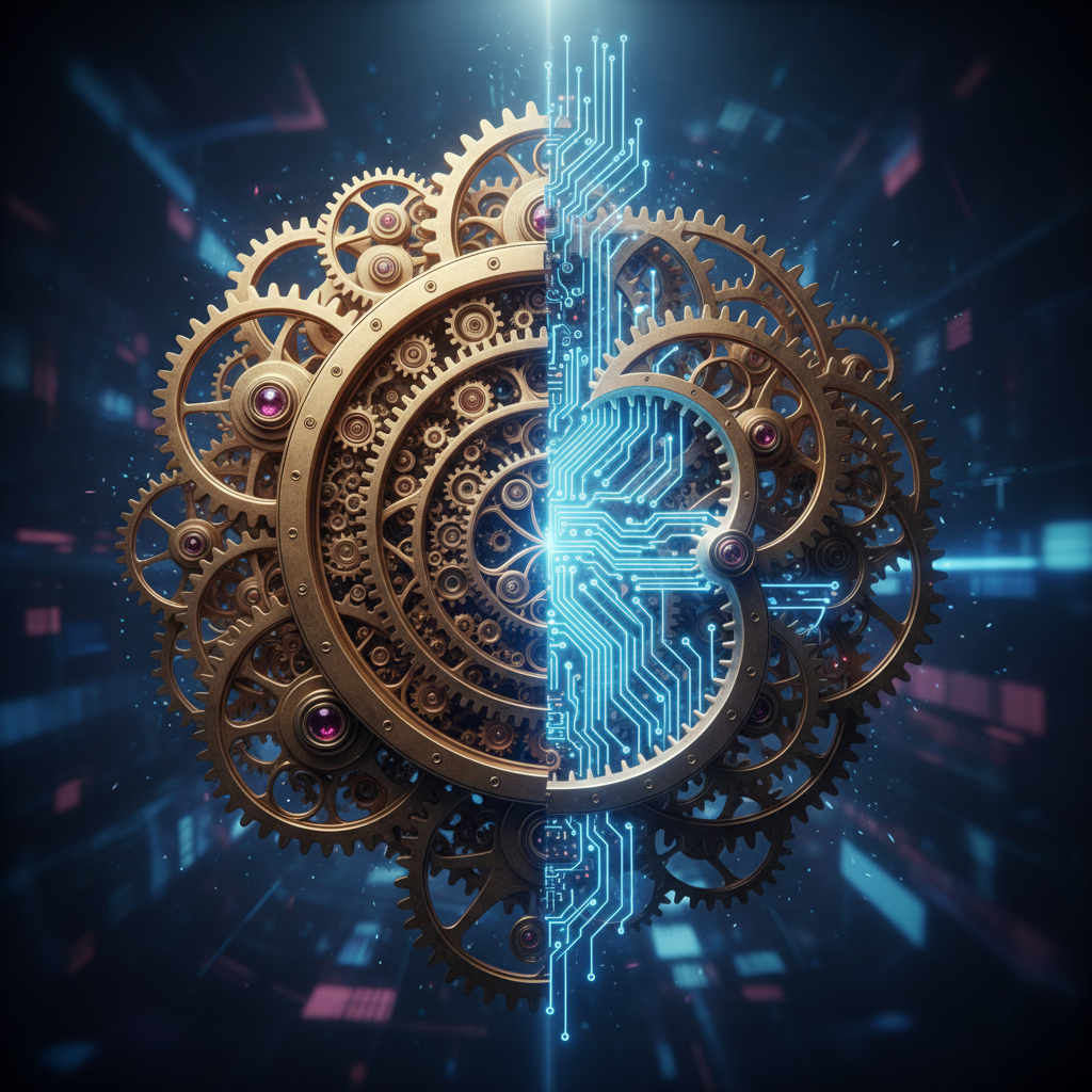 Abstract artistic fusion of antique brass clockwork gears transitioning into glowing blue digital circuit boards, cinematic lighting, high tech background
