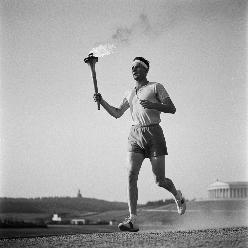 1936 Olympic torch runner carrying the flame, vintage black and white photography, dramatic angle, athletic figure in period sportswear, historical context