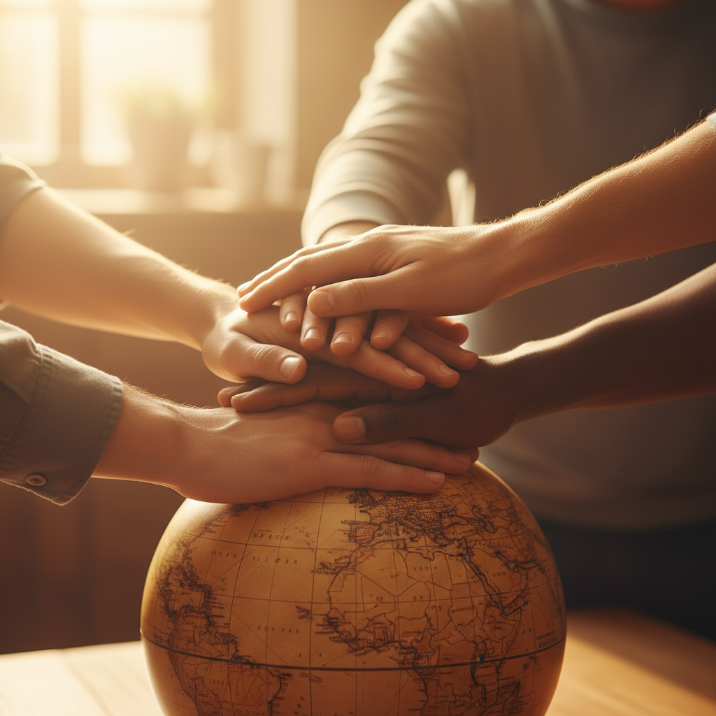 warm artistic photography of diverse hands coming together in unity over a map or globe in soft sunlight, humanistic style, high quality lifestyle photography