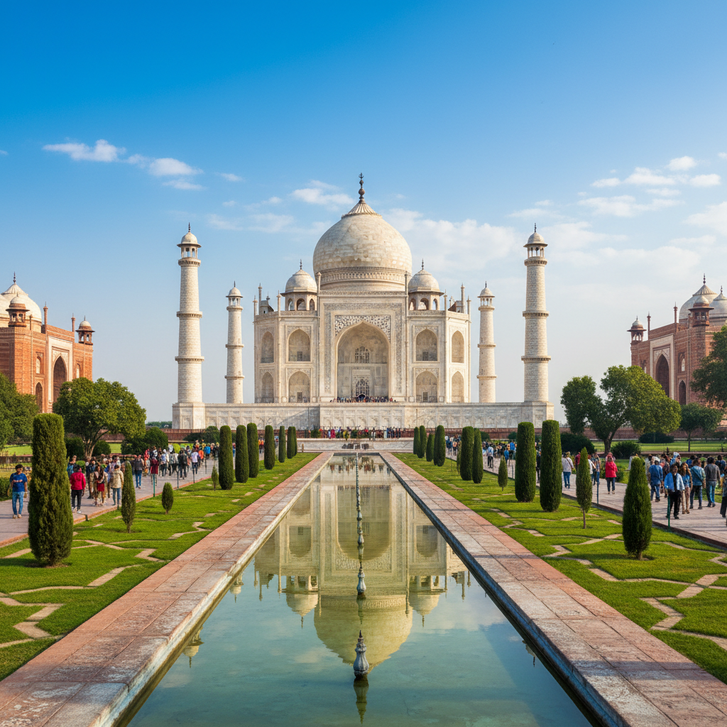 Beautiful panoramic shot of the Taj Mahal with tourists, sunny day, vibrant colors, travel photography