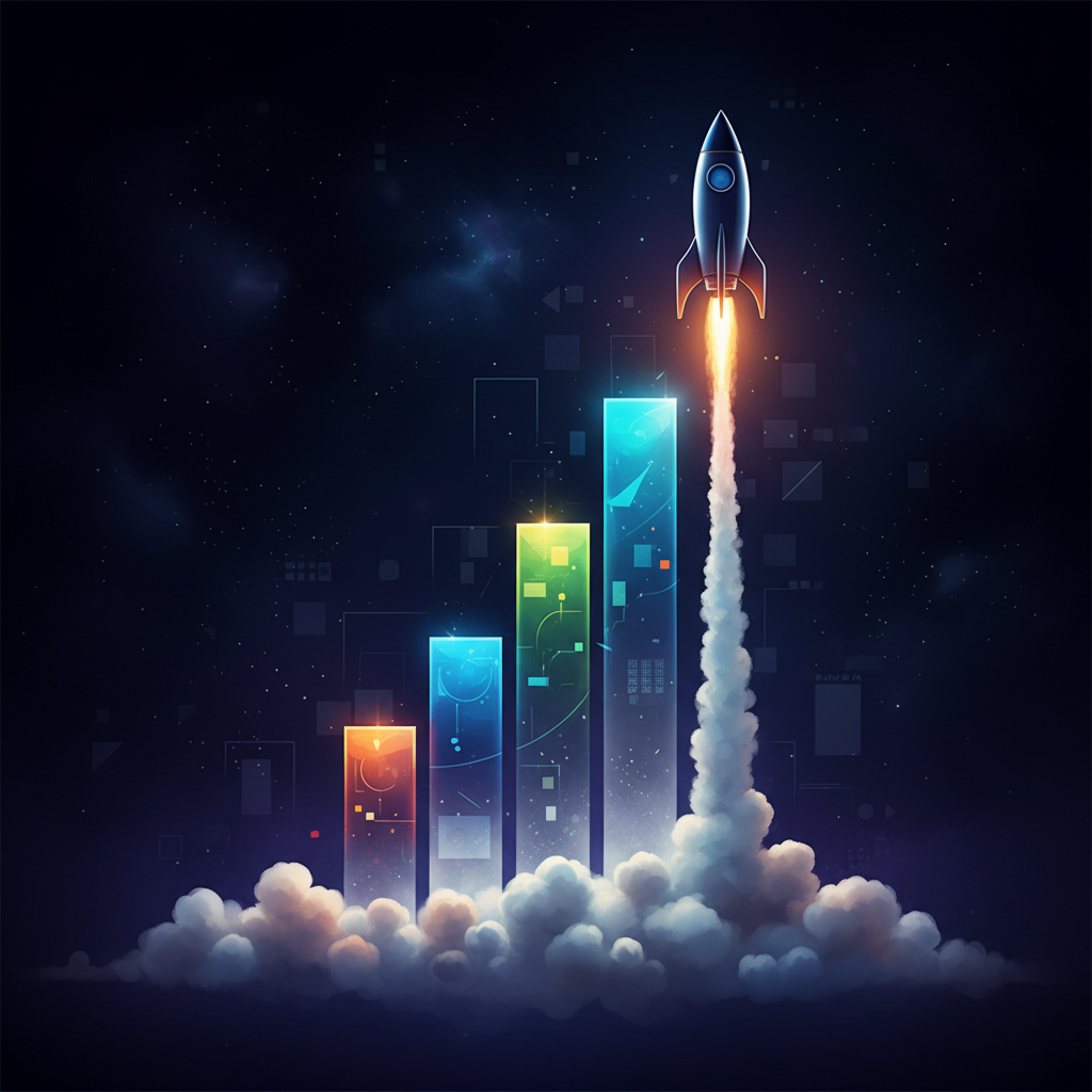A rocket ship launching with a trail of smoke shaped like a bar graph going up, conceptual business art, vibrant colors against dark background.