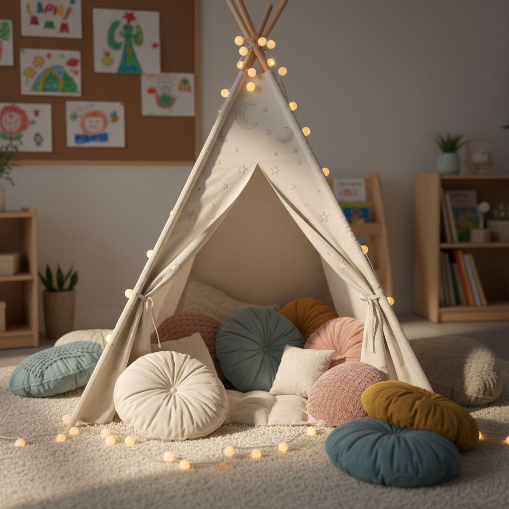 Cozy privacy nook in kindergarten, small teepee tent, soft pillows, warm lighting, calming atmosphere