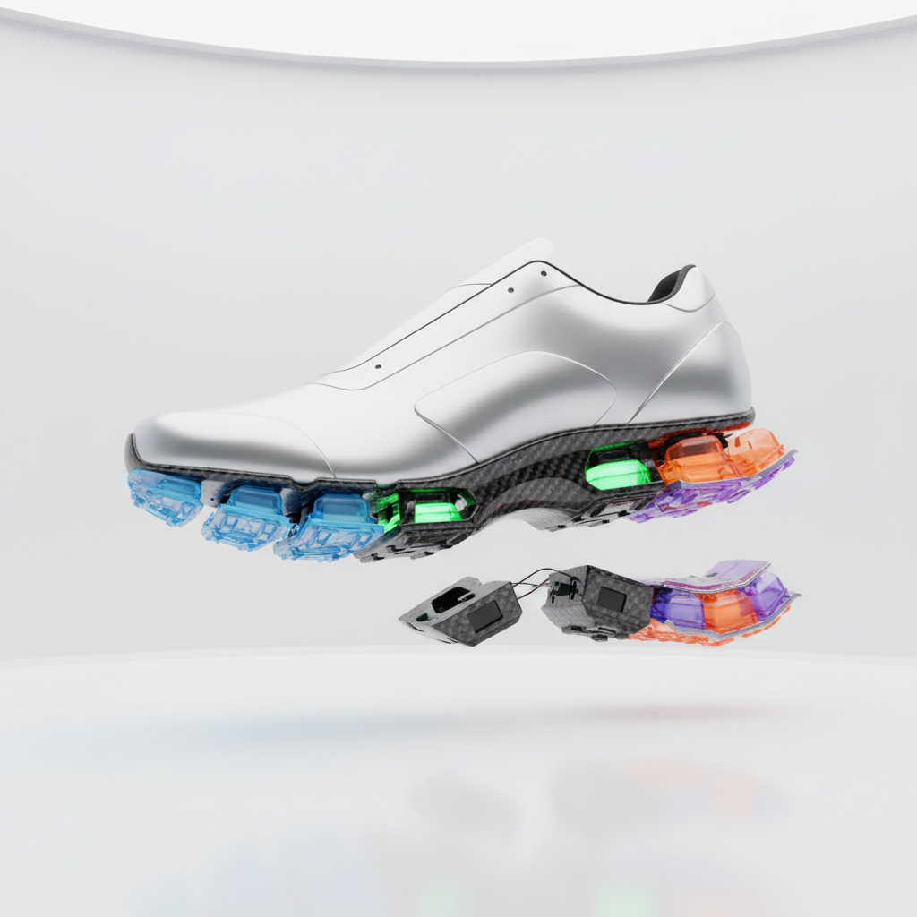Futuristic concept running shoe with detachable modular sole parts, clean studio lighting