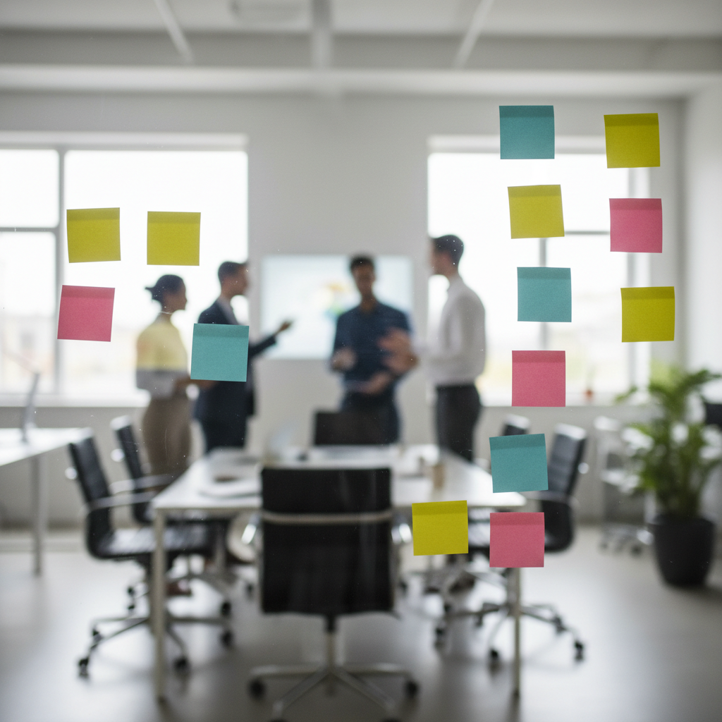 Close up photo of a modern glass office board with sticky notes and blurred diverse team working in background, professional atmosphere