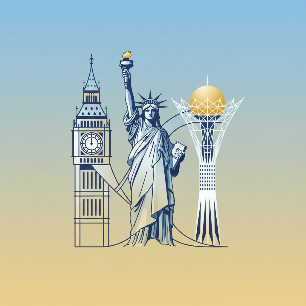 Minimalist composition of Big Ben, Statue of Liberty, and Baiterek tower merging together, educational style, soft blue and gold lighting, vector art style illustration, high quality