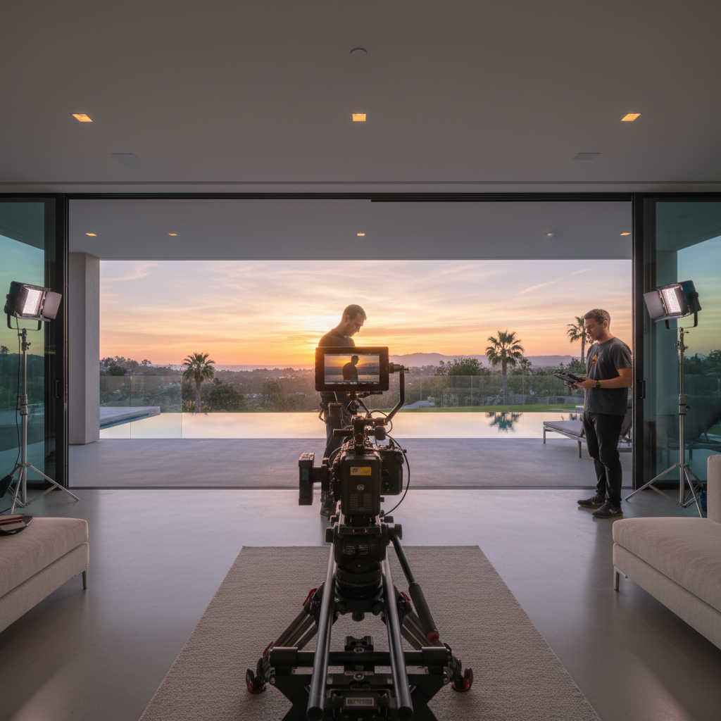 Cinematic real estate video setup, camera on slider, focus on open sliding layout with sunset view in background, professional production