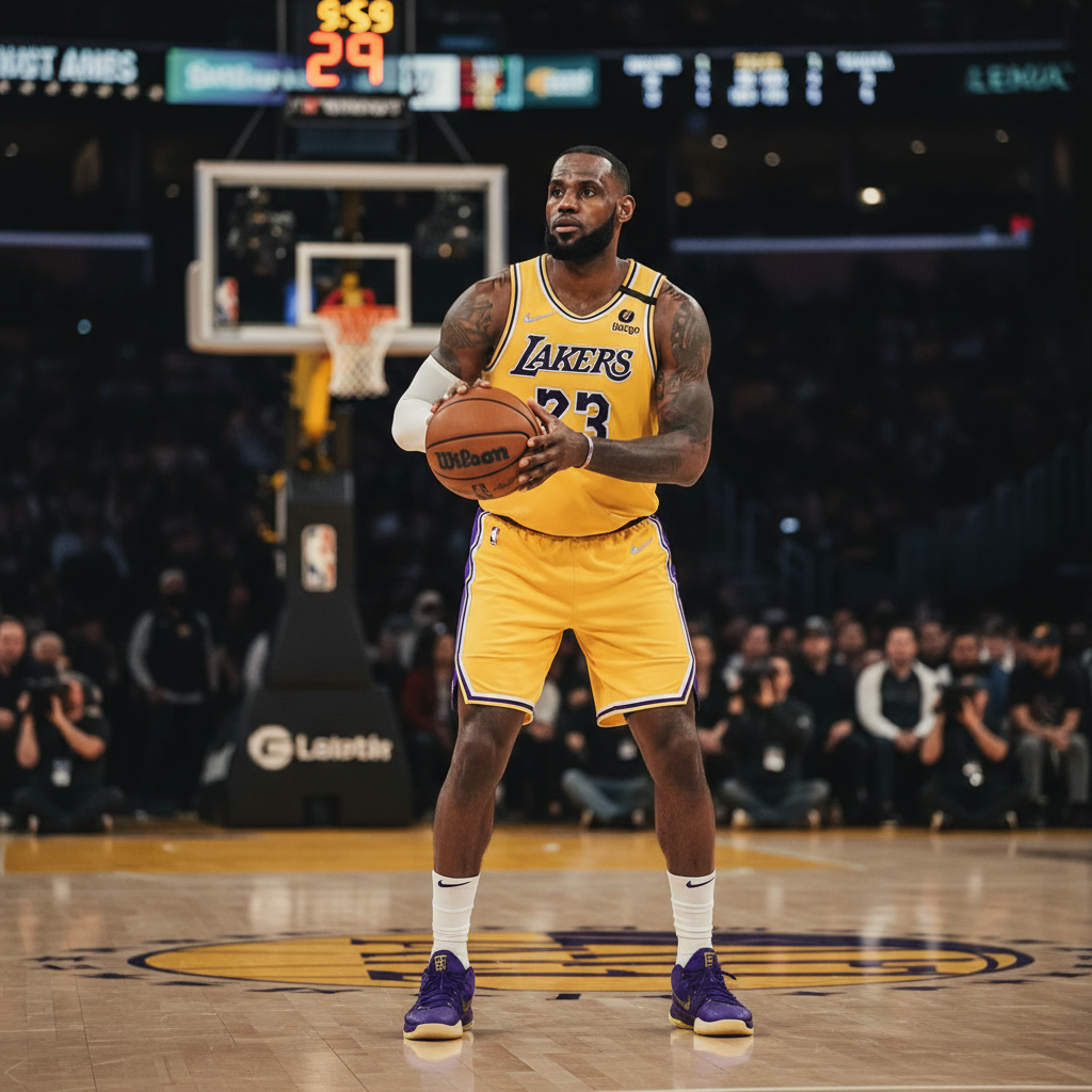 LeBron James at the free throw line, preparing to shoot, deep focus, basketball in hand, Lakers uniform, shallow depth of field