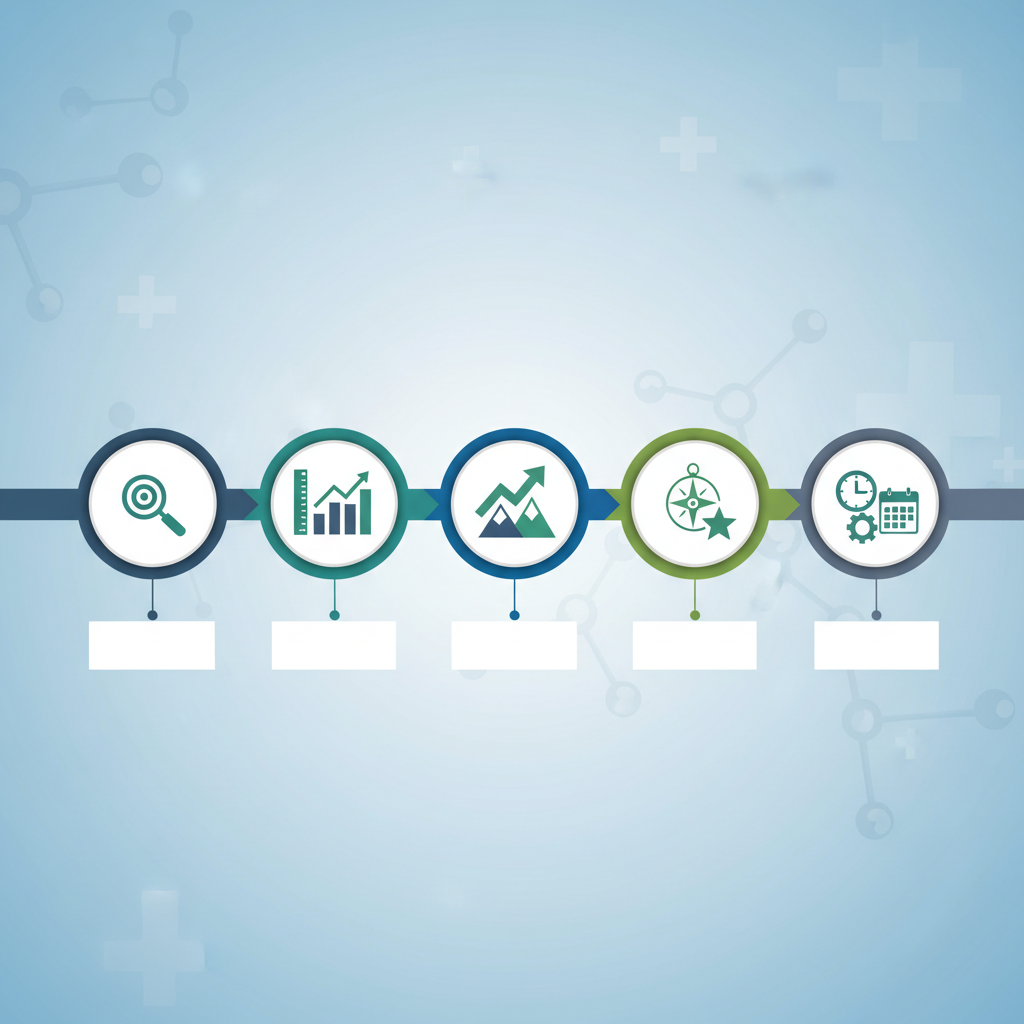 A graphic design representing SMART goals logic (Specific, Measurable, Achievable, Relevant, Time-bound) using iconography and text placeholders, clean corporate medical style.
