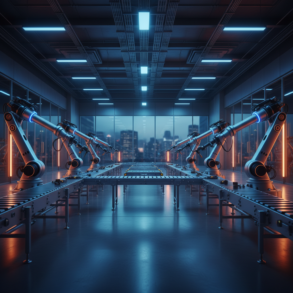 Industrial factory floor with modern robotic arms, clean and high tech, blue and orange lighting