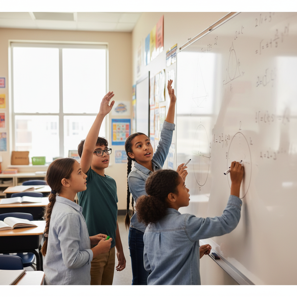 Diverse middle school students working together on a complex geometry problem on a large whiteboard, raising hands, engaged and curious, bright classroom