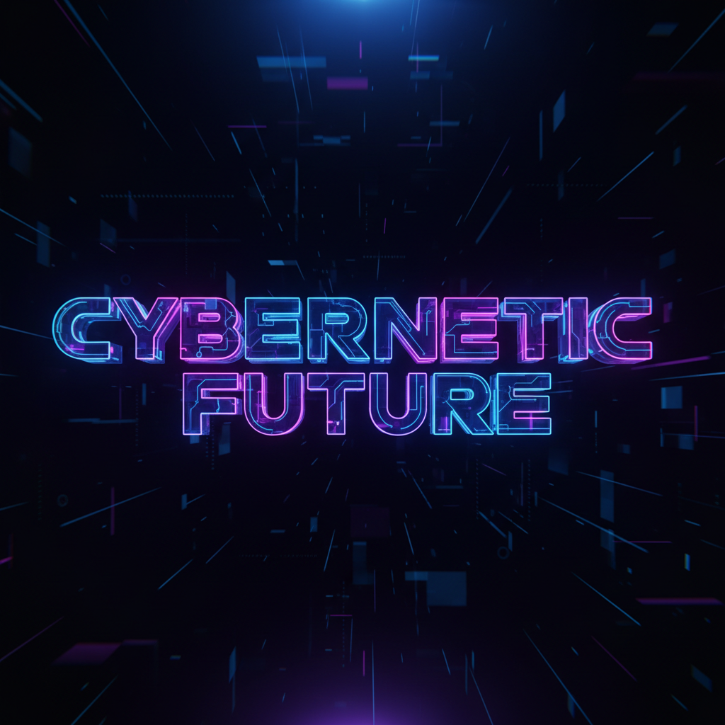futuristic neon glowing geometric typography 3d render against dark background, cyberpunk aesthetic, blue and purple lighting, high tech atmosphere