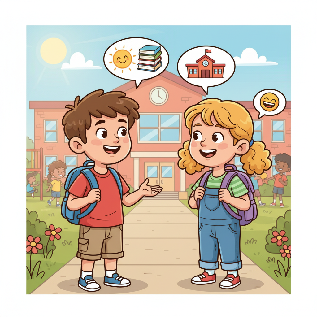 Two cartoon children facing each other talking, with speech bubbles, friendly school setting