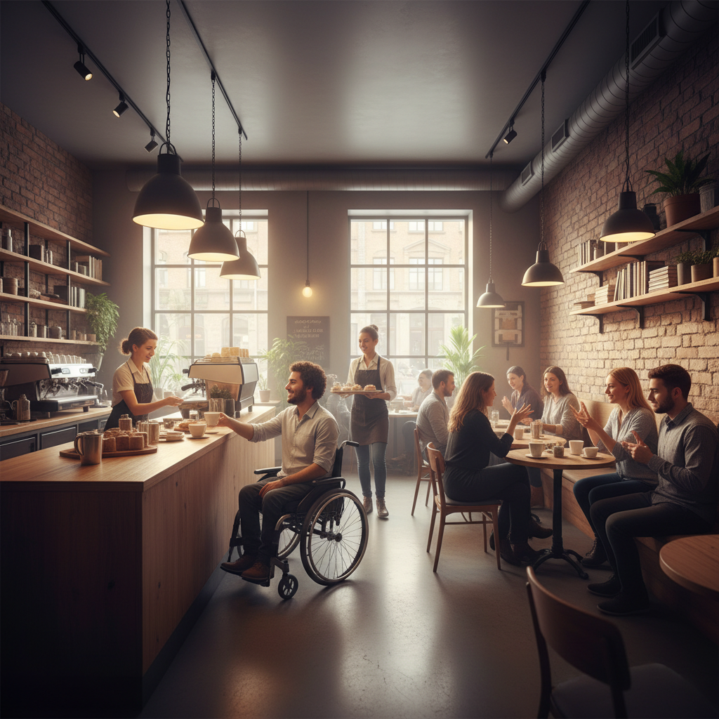 Wide shot of a modern, cozy cafe interior, staff with physical disabilities serving customers, warm lighting, bustling atmosphere, realistic style