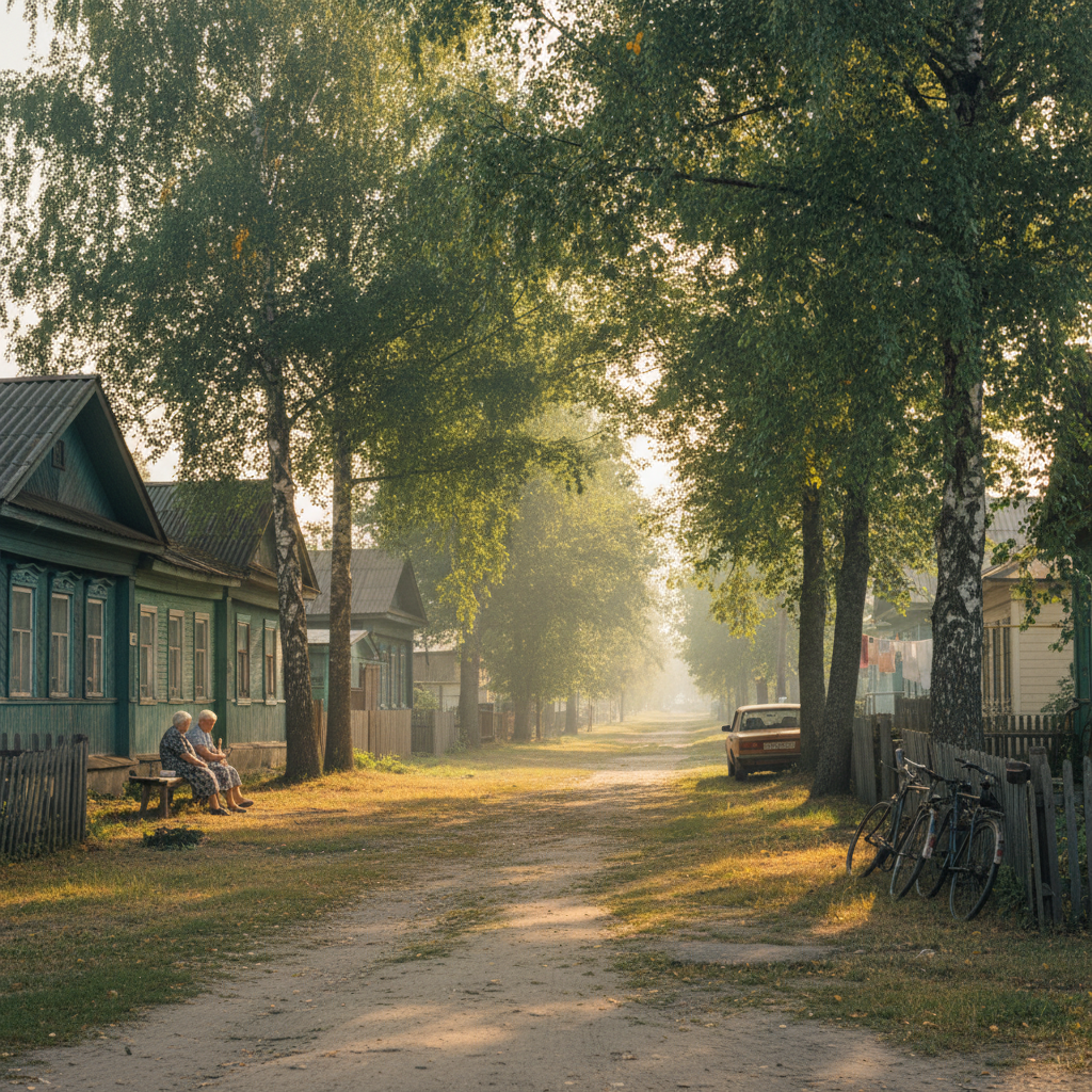 A nostalgic quiet Russian provincial town street in summer, early 2000s, sunlight filtering through trees, peaceful atmosphere
