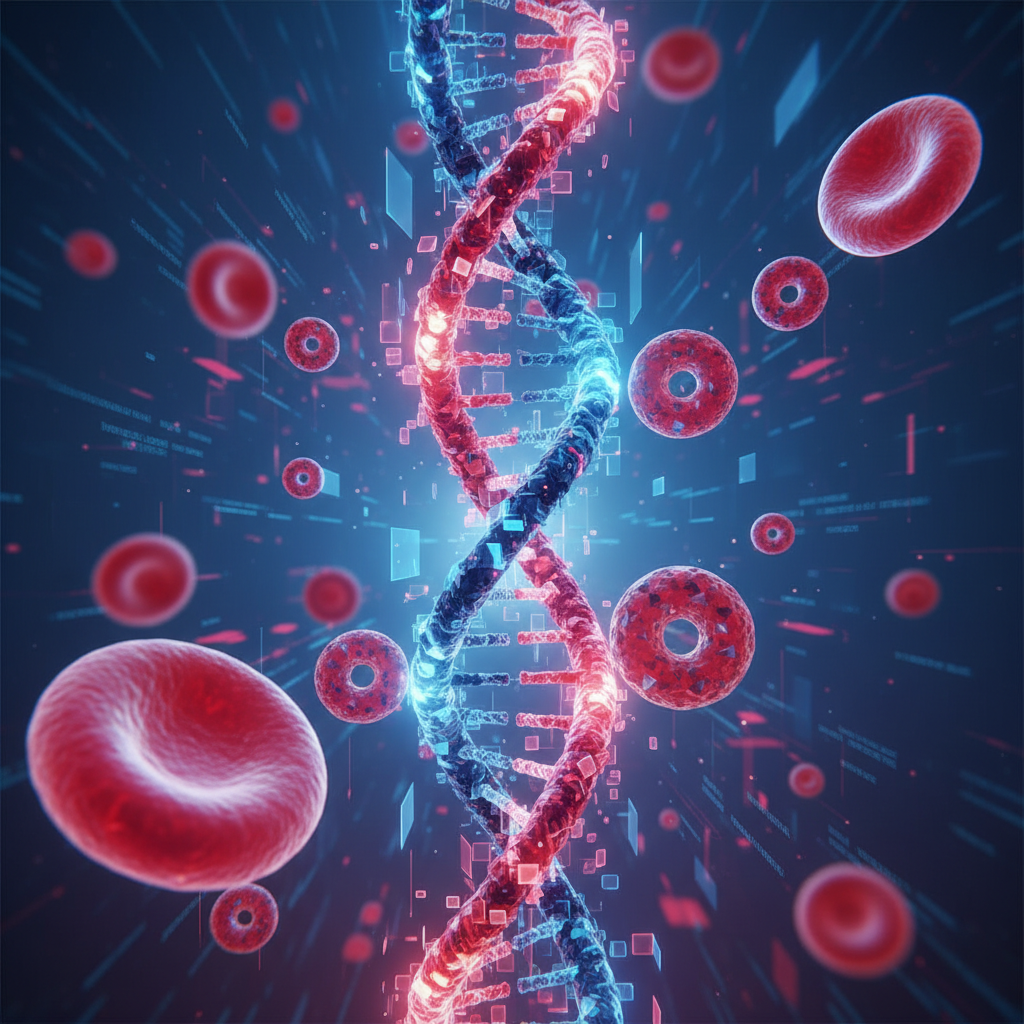 abstract medical background, DNA helix and blood cells combined, soft focus, high tech blue and red tones