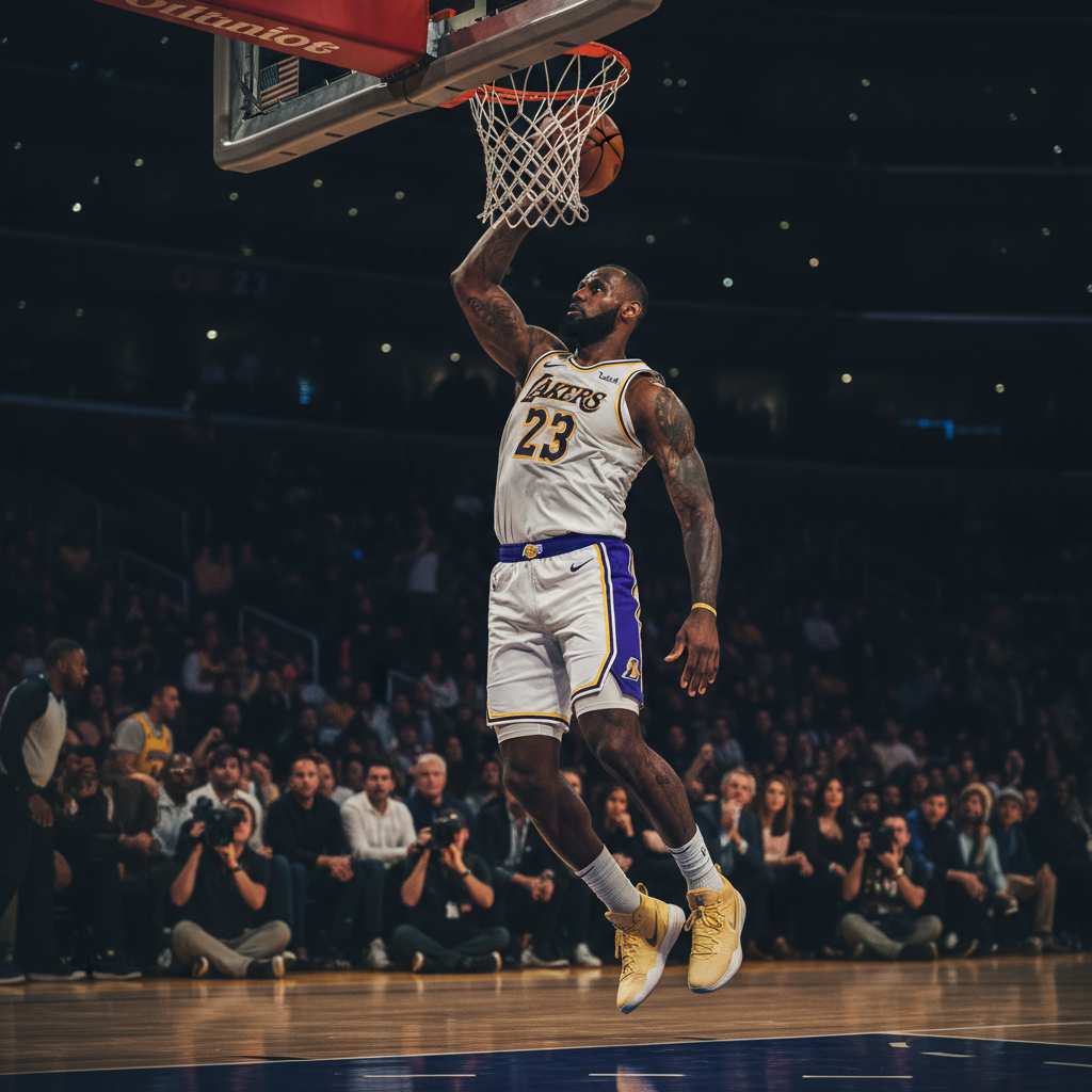 LeBron James driving to the basket for a dunk, powerful action shot, cinematic lighting