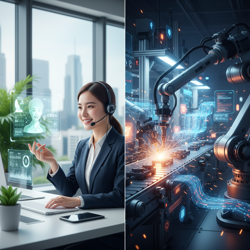 Split image composition: left side customer service interaction, right side industrial assembly line or digital workflow