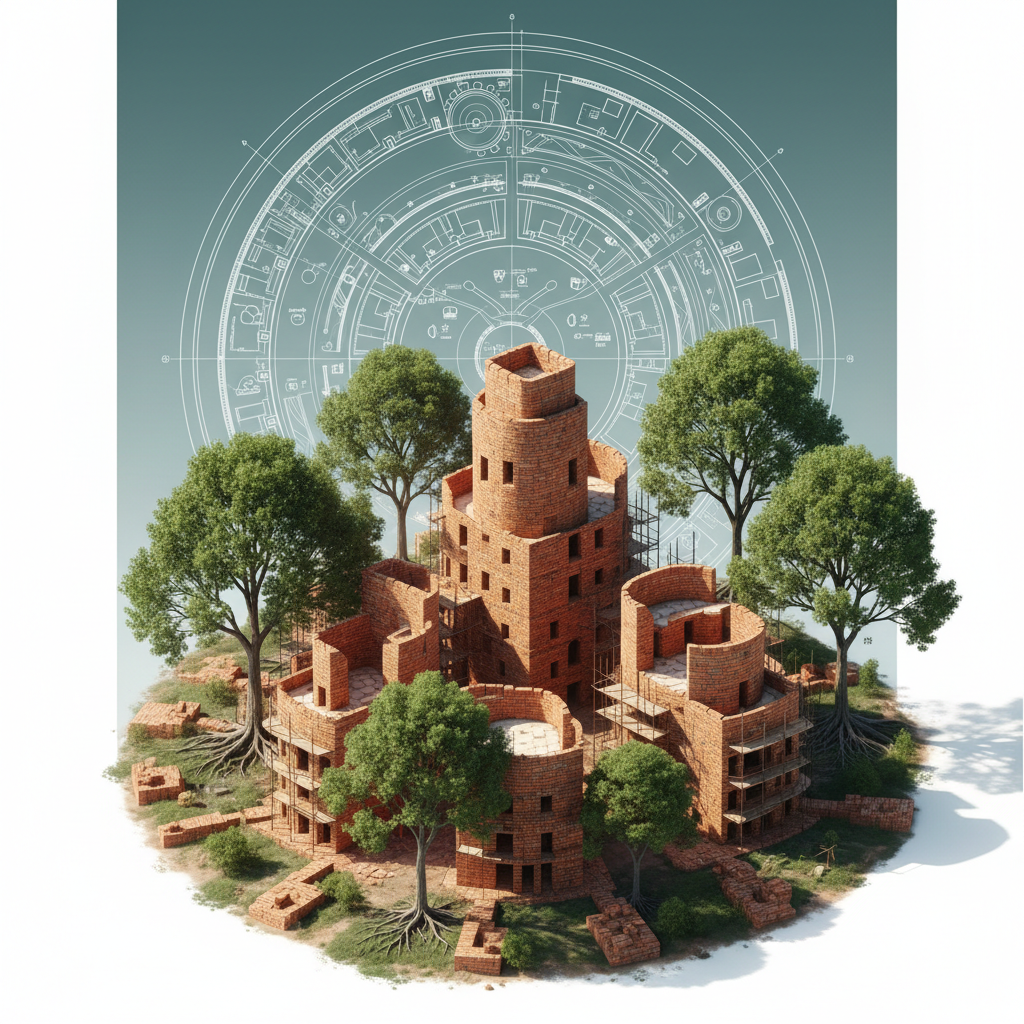 An architectural plan of a green city turning into real bricks and trees, symbolizing the transition from theory to practice, high detailed, photorealistic