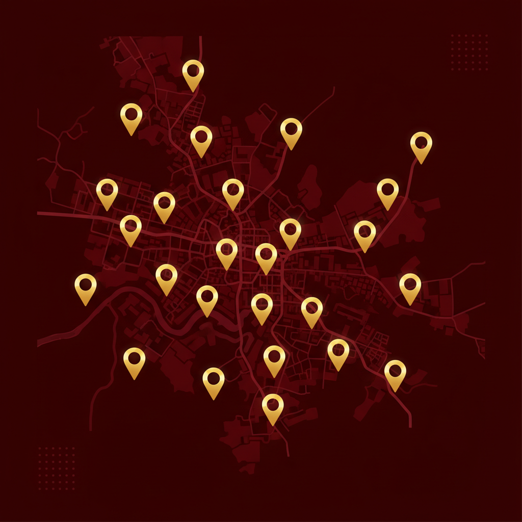 A stylized map of Bangalore city with 25 distinctive gold pin markers indicating store locations, clean modern graphic design style, dark red background map